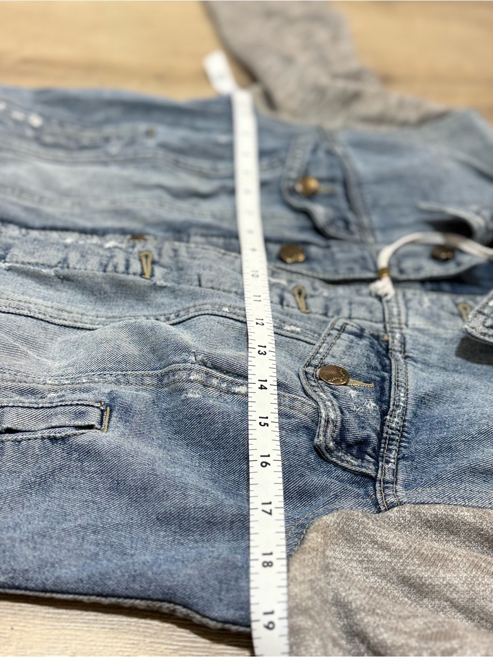 Free People Denim Hoodie Jacket M Distressed Knit Sleeve Jacket - Picture 14 of 16